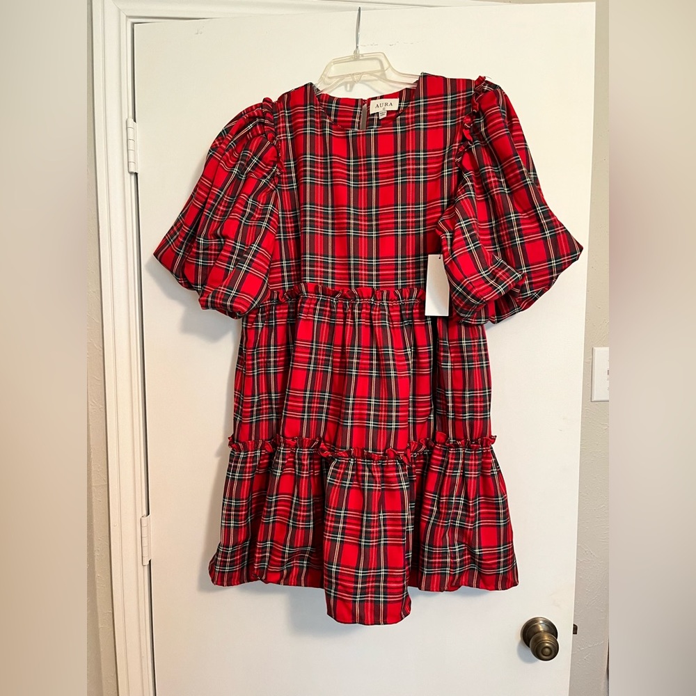 NWOT - Christmas Plaid puff sleeve A-line Mini Dress